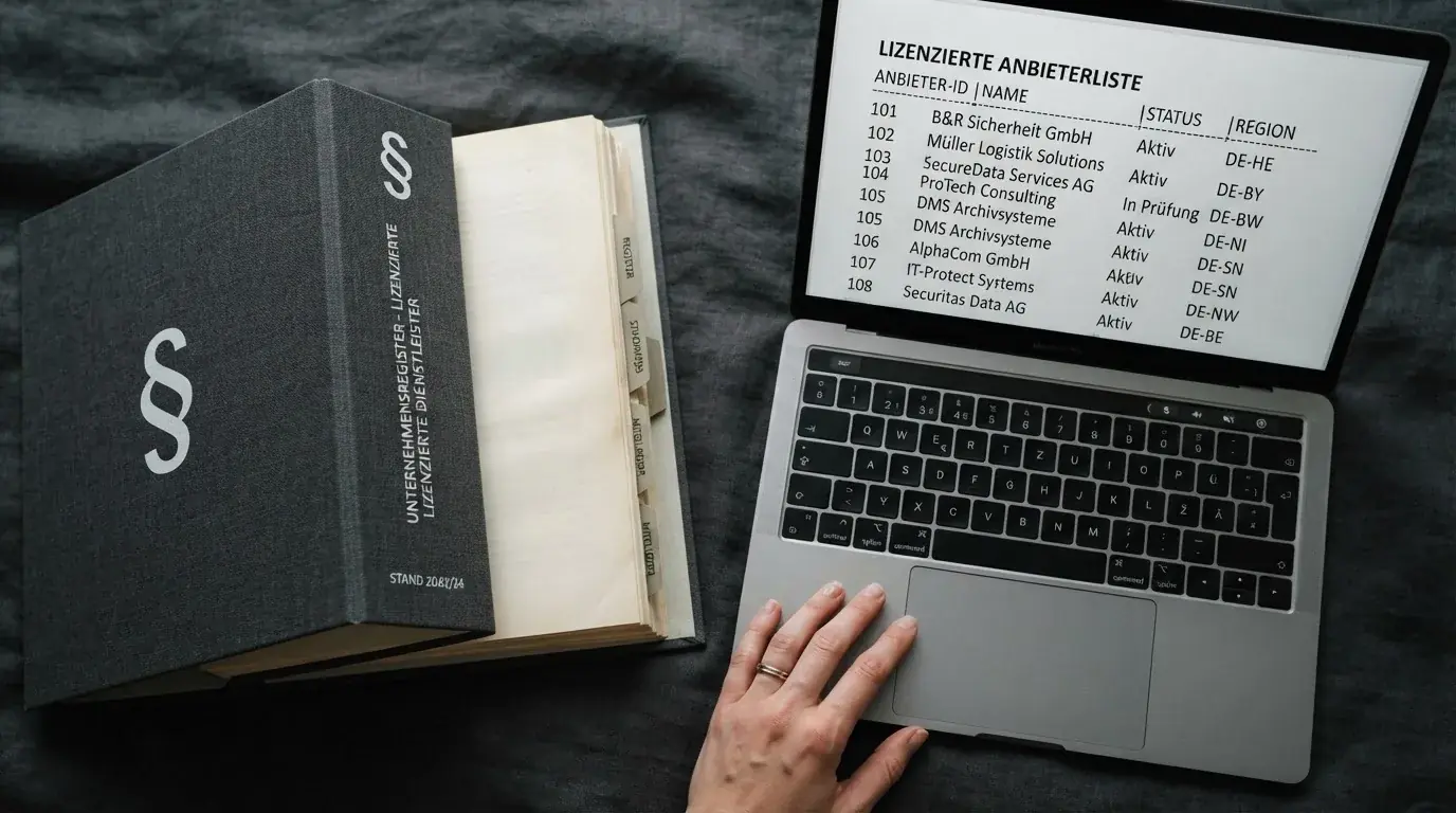 Nahaufnahme eines Aktenordners mit Paragraphenzeichen auf dem Ruecken, daneben ein aufgeklapptes Notebook mit einer Uebersichtsliste lizenzierter Anbieter.