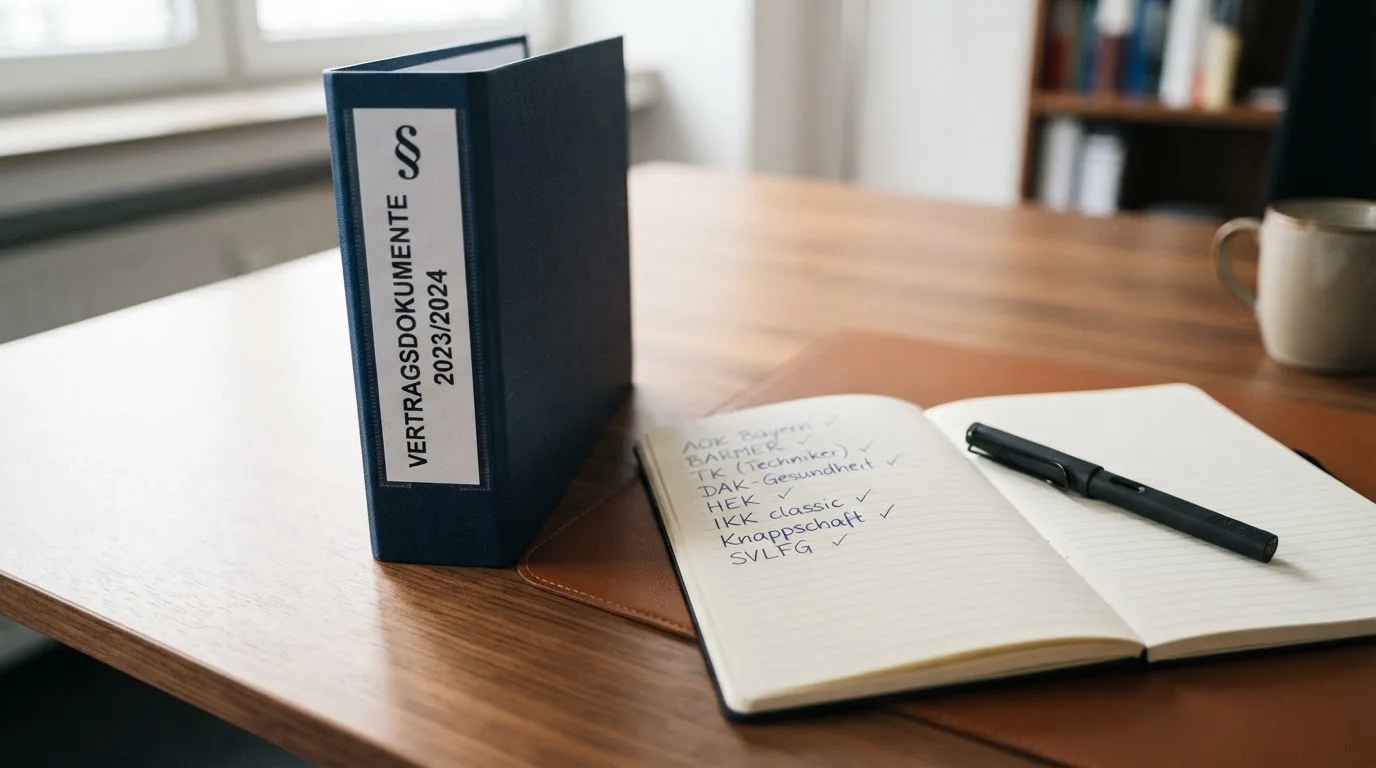 Nahaufnahme eines Aktenordners mit Paragraphenzeichen auf dem Ruecken, daneben ein aufgeklapptes Notebook mit einer Uebersichtsliste lizenzierter Anbieter.