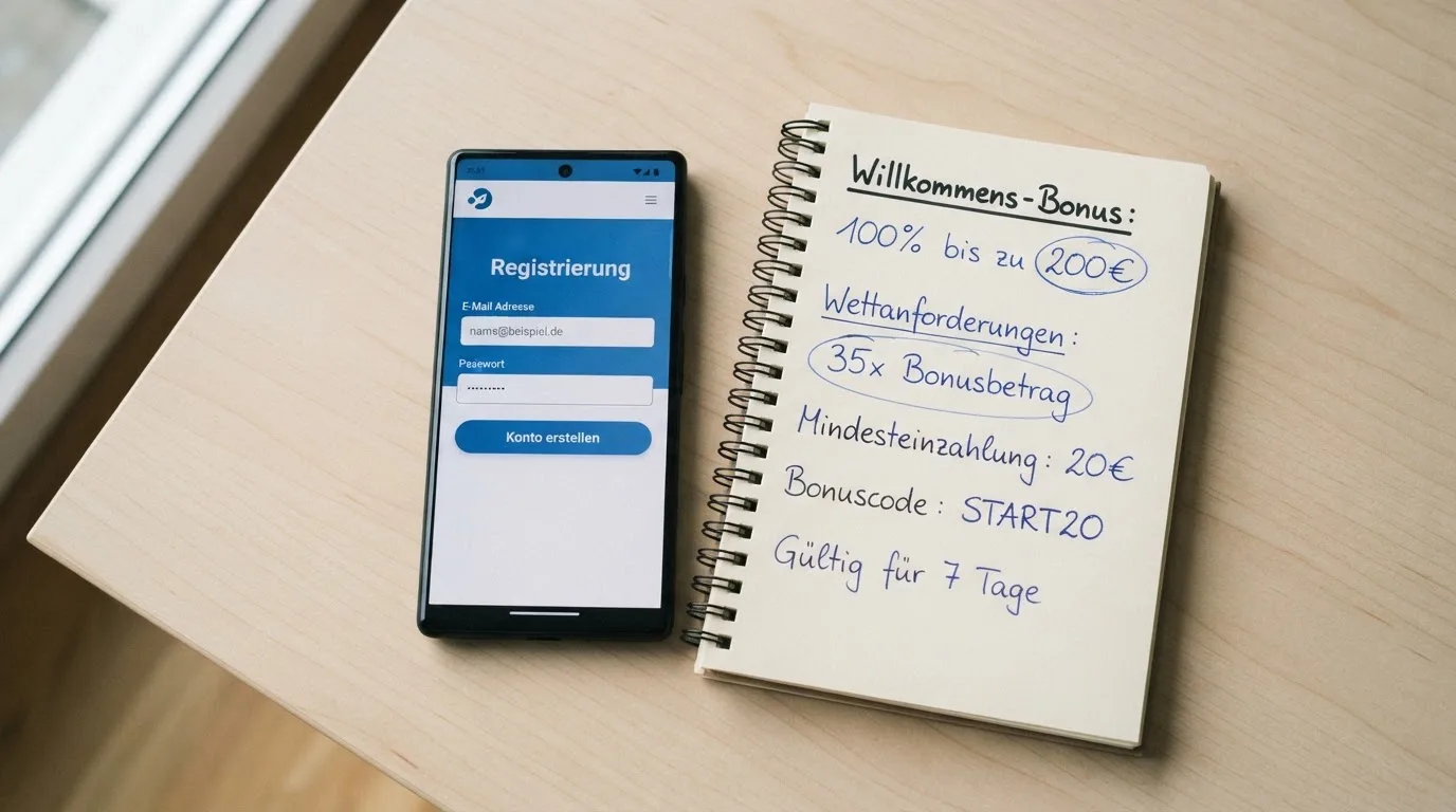Draufsicht auf ein Smartphone mit einer geoeffneten Registrierungsmaske fuer ein Spielerkonto, daneben ein Notizblock mit handschriftlichen Bonusbedingungen.