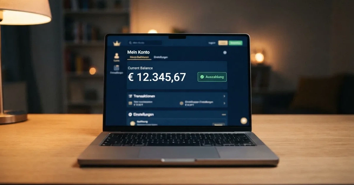 Nahaufnahme eines Laptop-Bildschirms mit einer Kontouebersicht, auf der ein Guthabenbetrag in Euro und ein Auszahlungsstatus zu sehen sind.