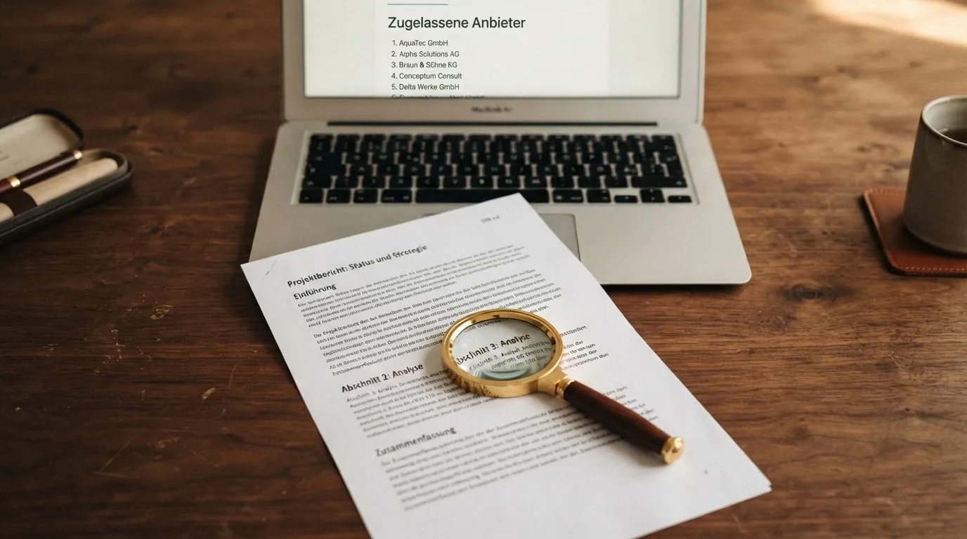 Schreibtisch mit einem ausgedruckten Gesetzestext, einer Lupe und einem Laptop, auf dessen Bildschirm eine Behoerdenwebsite mit einer Liste erlaubter Anbieter zu sehen ist.