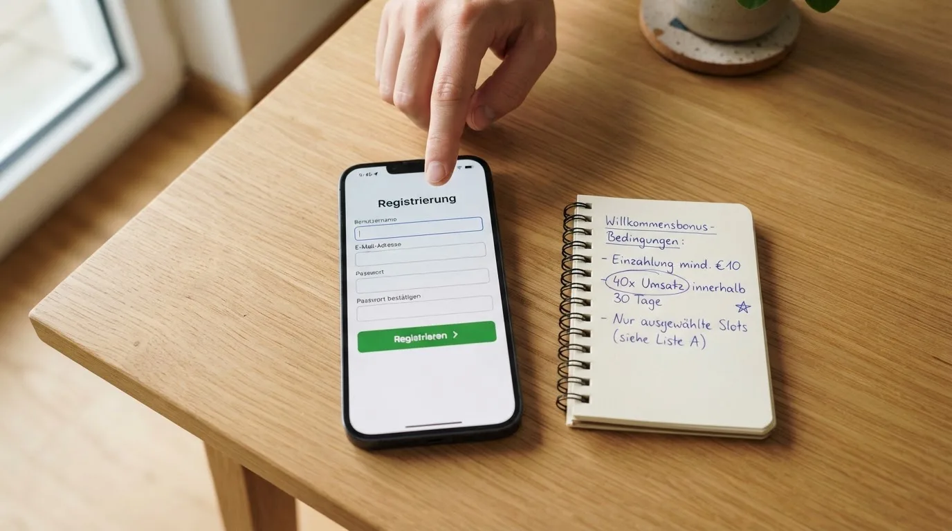Draufsicht auf ein Smartphone mit einer geoeffneten Registrierungsmaske fuer ein Spielerkonto, daneben ein Notizblock mit handschriftlichen Bonusbedingungen.