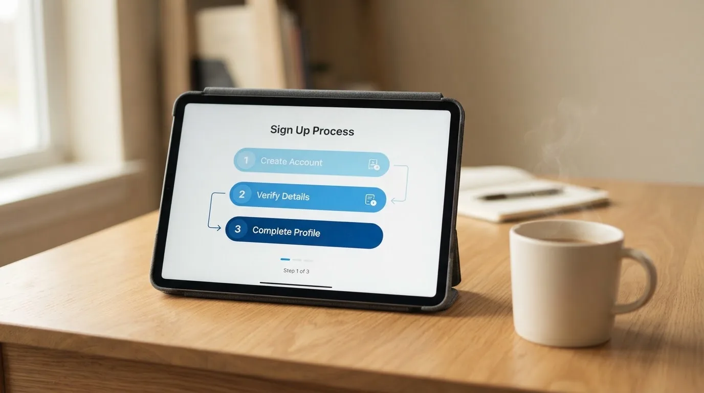 Schreibtisch mit einem Tablet, auf dem ein Schema mit nummerierten Schritten eines Anmeldevorgangs zu sehen ist, daneben ein Kaffeebecher.