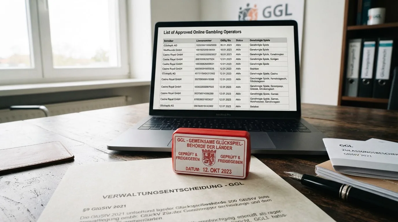 Schreibtisch mit einem gedruckten Amtsdokument, einem Stempel und einem Bildschirm, auf dem eine offizielle Whitelist-Tabelle angezeigt wird.