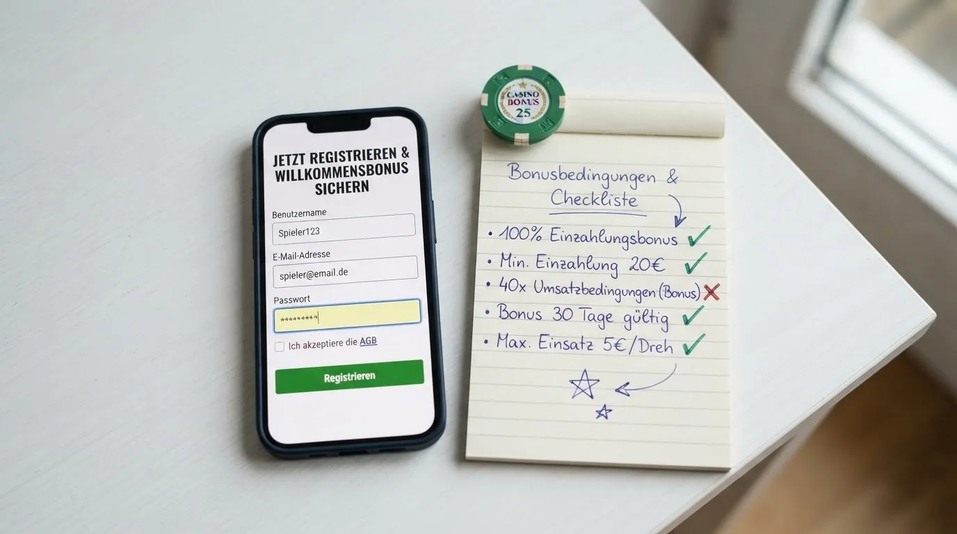 Draufsicht auf ein Smartphone mit einer geoeffneten Registrierungsmaske fuer ein Spielerkonto, daneben ein Notizblock mit handschriftlichen Bonusbedingungen.