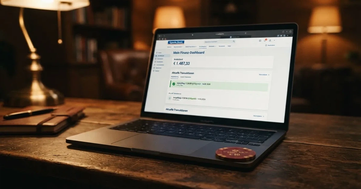 Nahaufnahme eines Laptop-Bildschirms mit einer Kontouebersicht, auf der ein Guthabenbetrag in Euro und ein Auszahlungsstatus zu sehen sind.