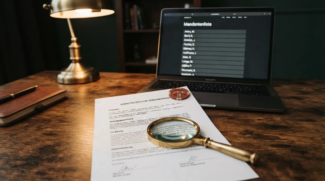 Schreibtisch mit einem ausgedruckten Gesetzestext, einer Lupe und einem Laptop, auf dessen Bildschirm eine Behoerdenwebsite mit einer Liste erlaubter Anbieter zu sehen ist.