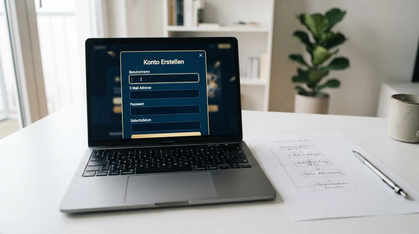 Nahaufnahme eines Laptop-Bildschirms mit einem Formular zur Kontoeroeffnung, daneben ein Blatt Papier mit einer handgezeichneten Ablaufskizze.