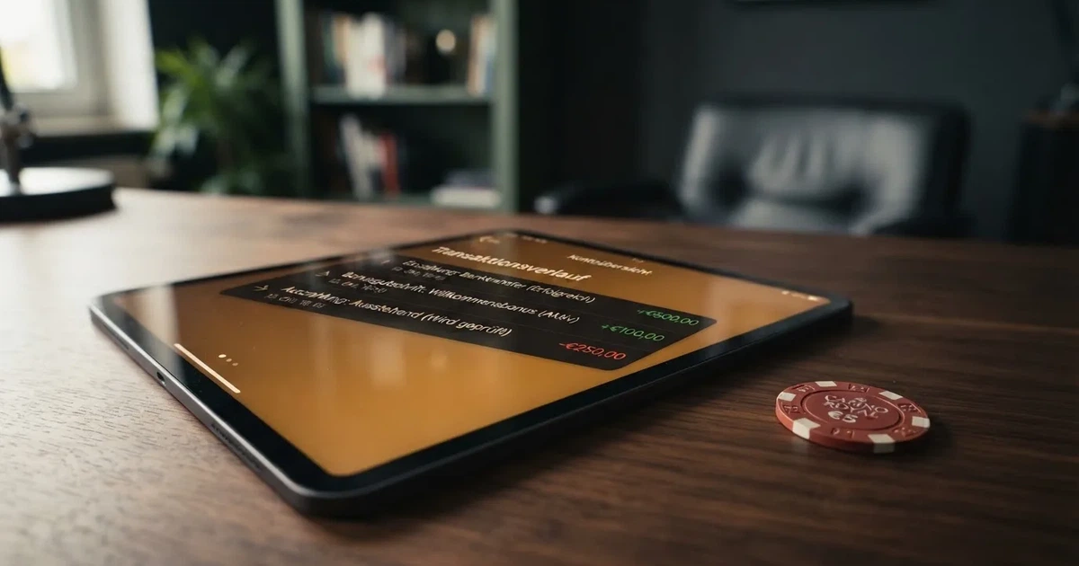 Nahaufnahme eines Tablet-Bildschirms mit einer Transaktionsliste, in der Einzahlung, Bonusgutschrift und Auszahlungsstatus untereinander aufgefuehrt sind.