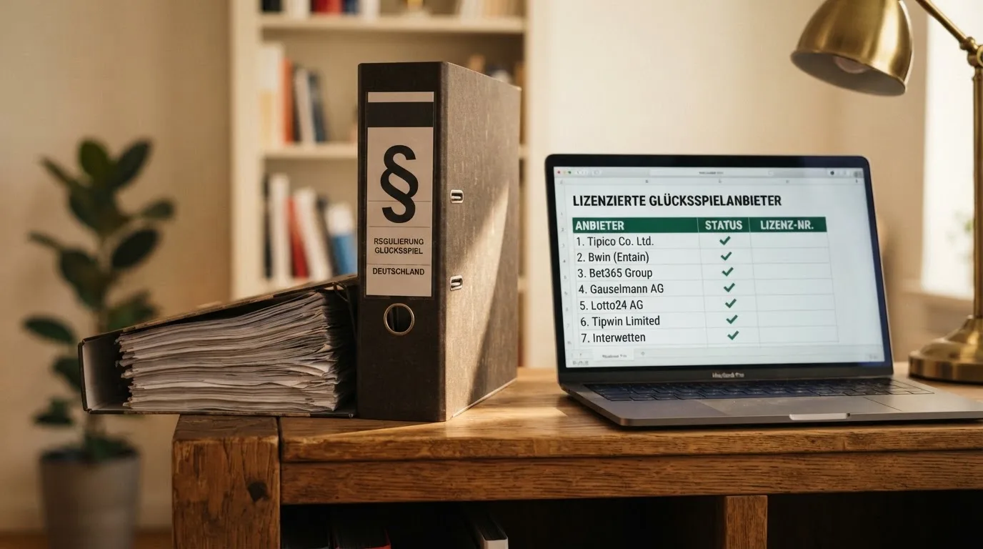 Nahaufnahme eines Aktenordners mit Paragraphenzeichen auf dem Ruecken, daneben ein aufgeklapptes Notebook mit einer Uebersichtsliste lizenzierter Anbieter.
