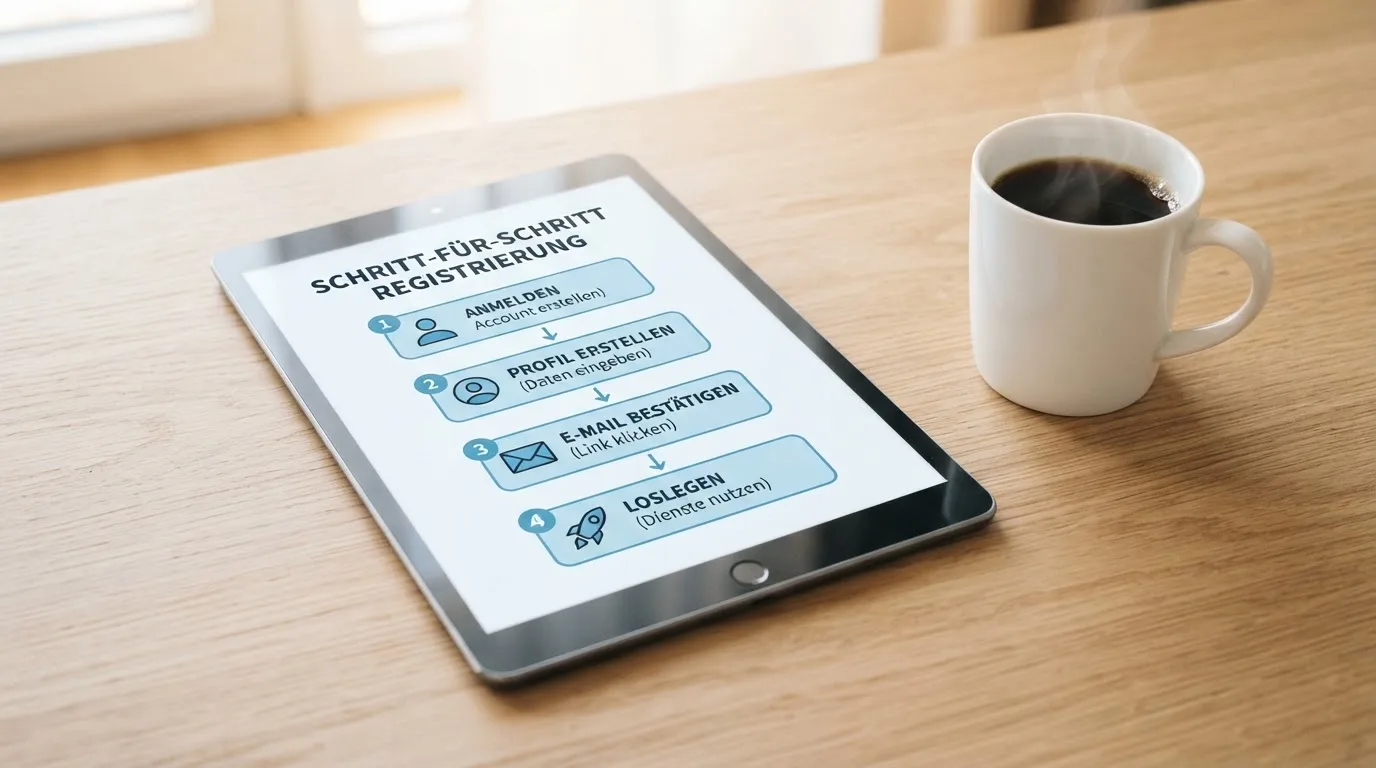 Schreibtisch mit einem Tablet, auf dem ein Schema mit nummerierten Schritten eines Anmeldevorgangs zu sehen ist, daneben ein Kaffeebecher.