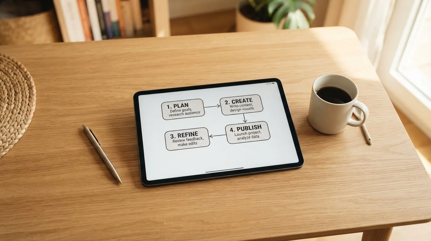 Schreibtisch mit einem Tablet, auf dem ein Schema mit nummerierten Schritten eines Anmeldevorgangs zu sehen ist, daneben ein Kaffeebecher.