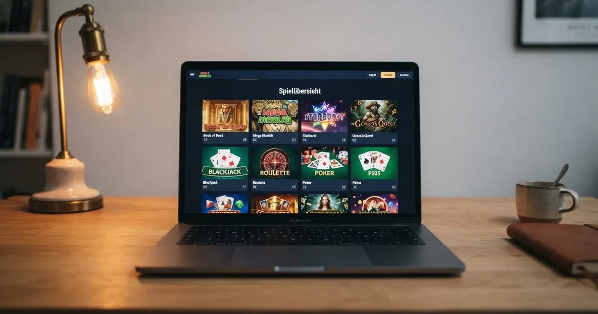 Bildschirm mit einer Rasteransicht mehrerer Automatenspiel-Kacheln in einem Online-Casino.