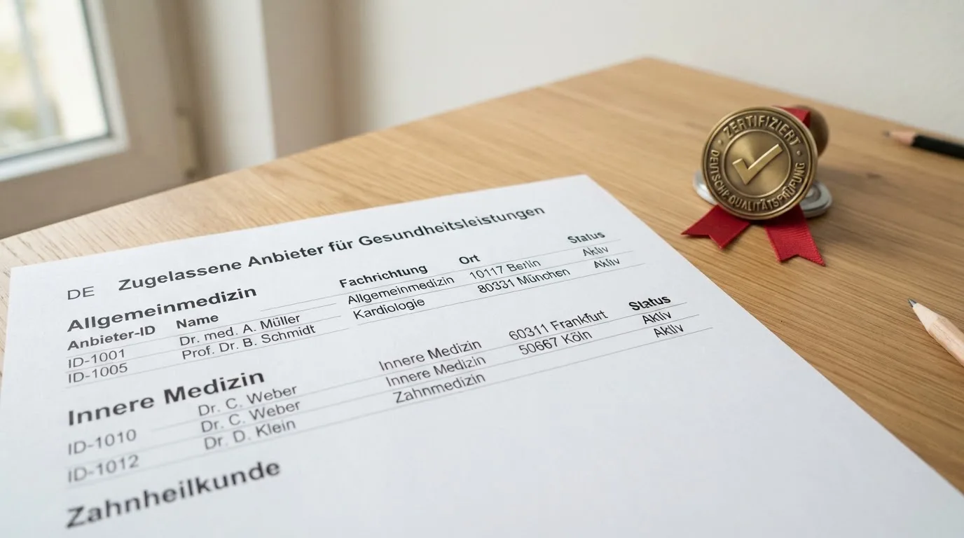 Nahaufnahme einer gedruckten Liste zugelassener Anbieter neben einem amtlichen Prüfsiegel.