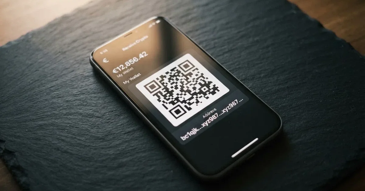 Nahaufnahme eines Smartphone-Bildschirms mit einer digitalen Wallet-Adresse und einem QR-Code.