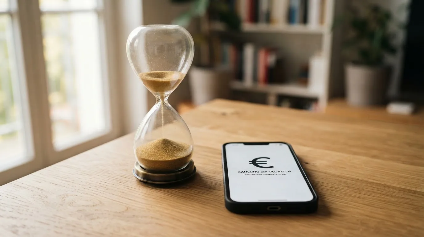 Nahaufnahme einer Sanduhr neben einem Smartphone-Bildschirm mit einer Zahlungsbestätigung.