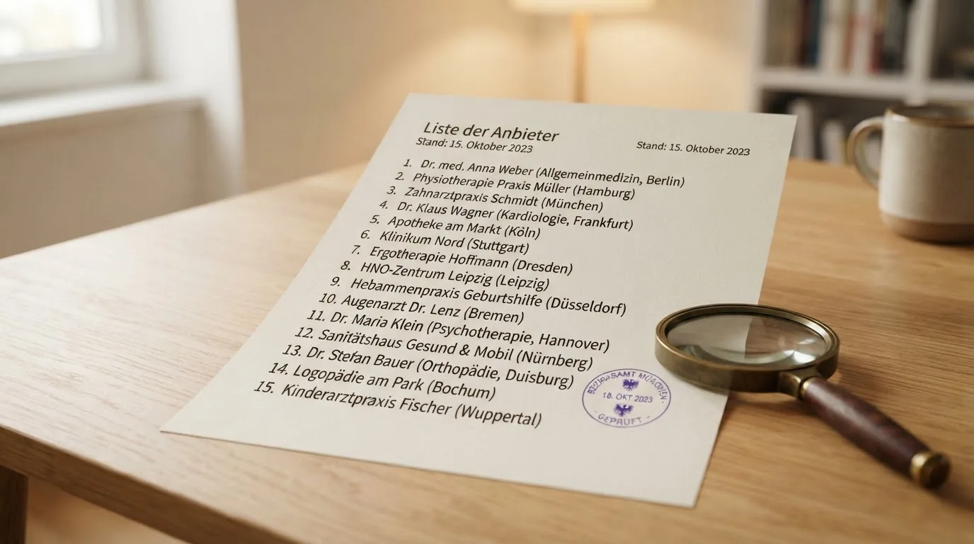 Nahaufnahme einer gedruckten Anbieterliste neben einem amtlichen Prüfsiegel.
