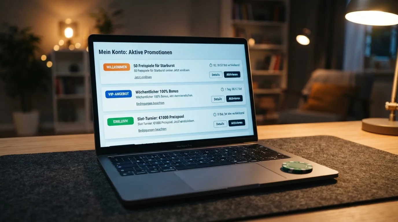 Bildschirm mit einer Liste laufender Aktionsangebote in einem Online-Casino-Konto.