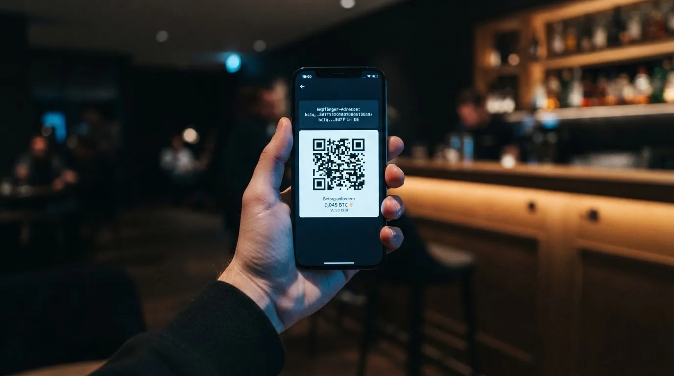 Nahaufnahme eines Smartphone-Bildschirms mit einer digitalen Wallet-Adresse und einem QR-Code.