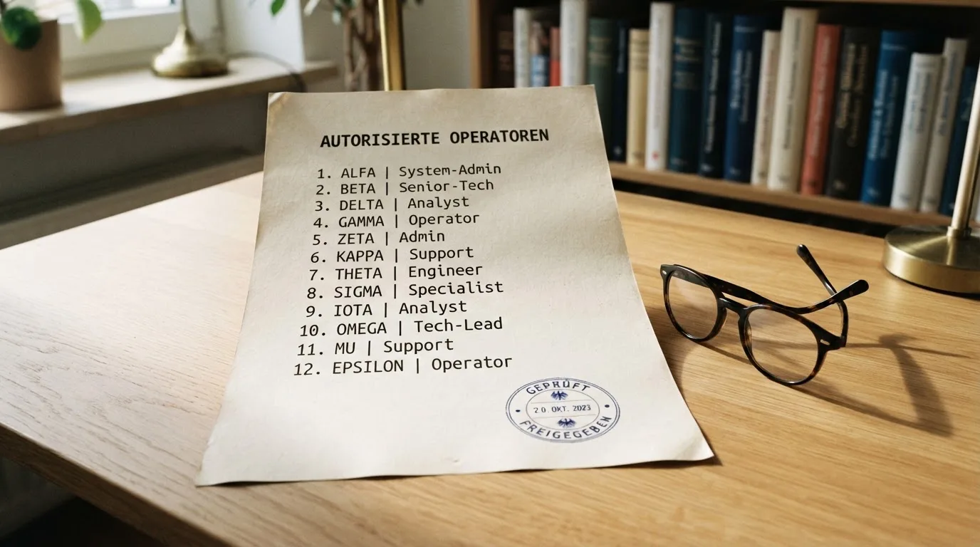 Nahaufnahme einer gedruckten Anbieterliste neben einem amtlichen Prüfsiegel.
