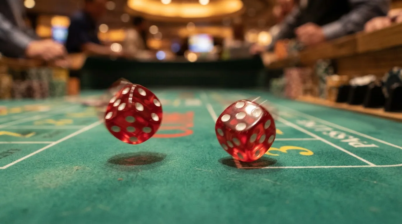 Nahaufnahme zweier rollender Würfel auf einem grünen Spieltisch.