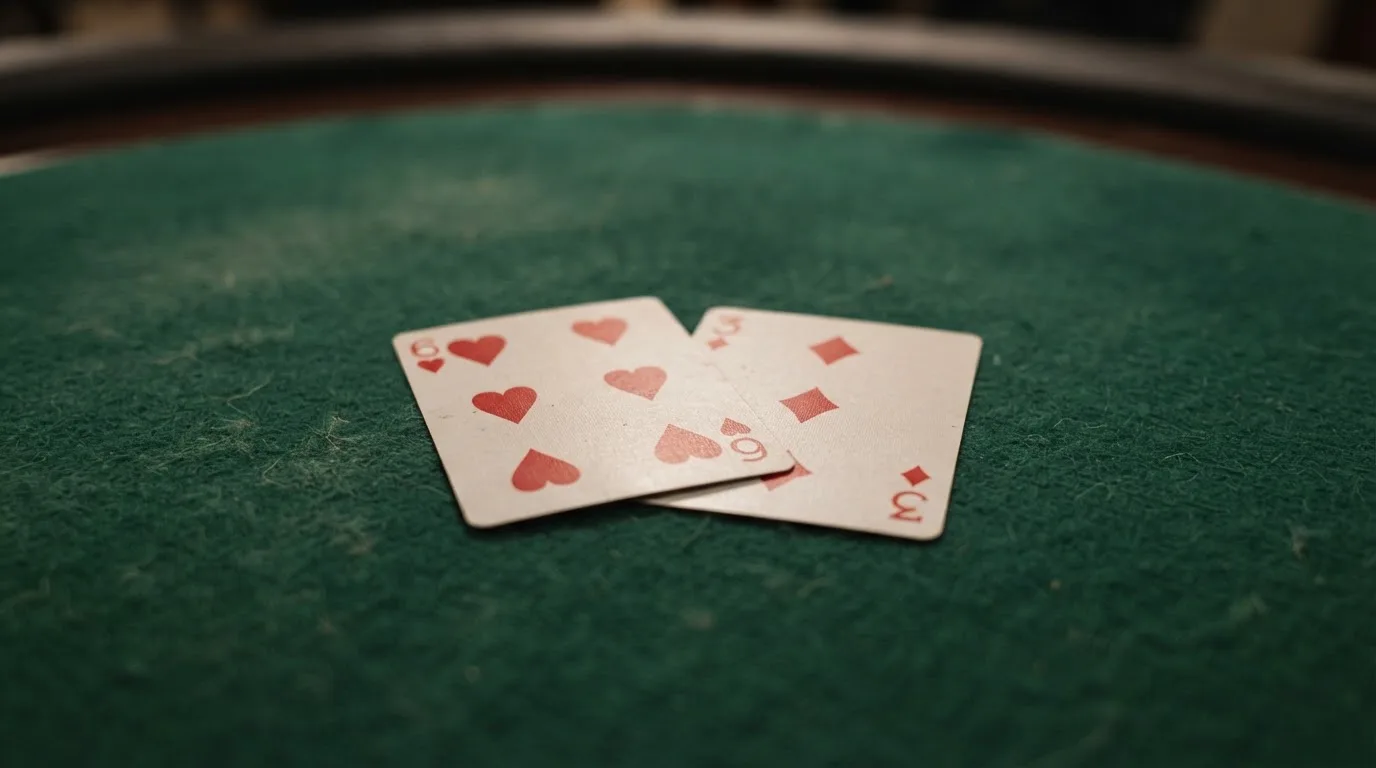 Nahaufnahme zweier aufgedeckter Spielkarten neben einem grünen Kartentisch.
