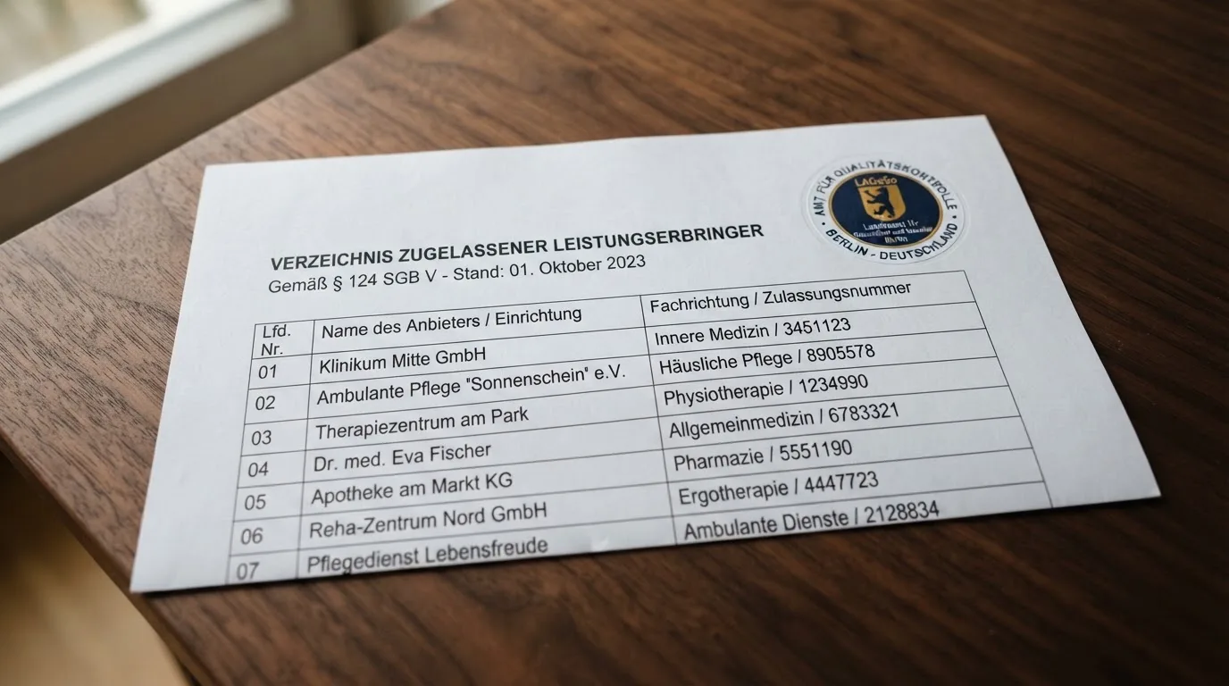 Nahaufnahme einer gedruckten Anbieterliste neben einem amtlichen Prüfsiegel.