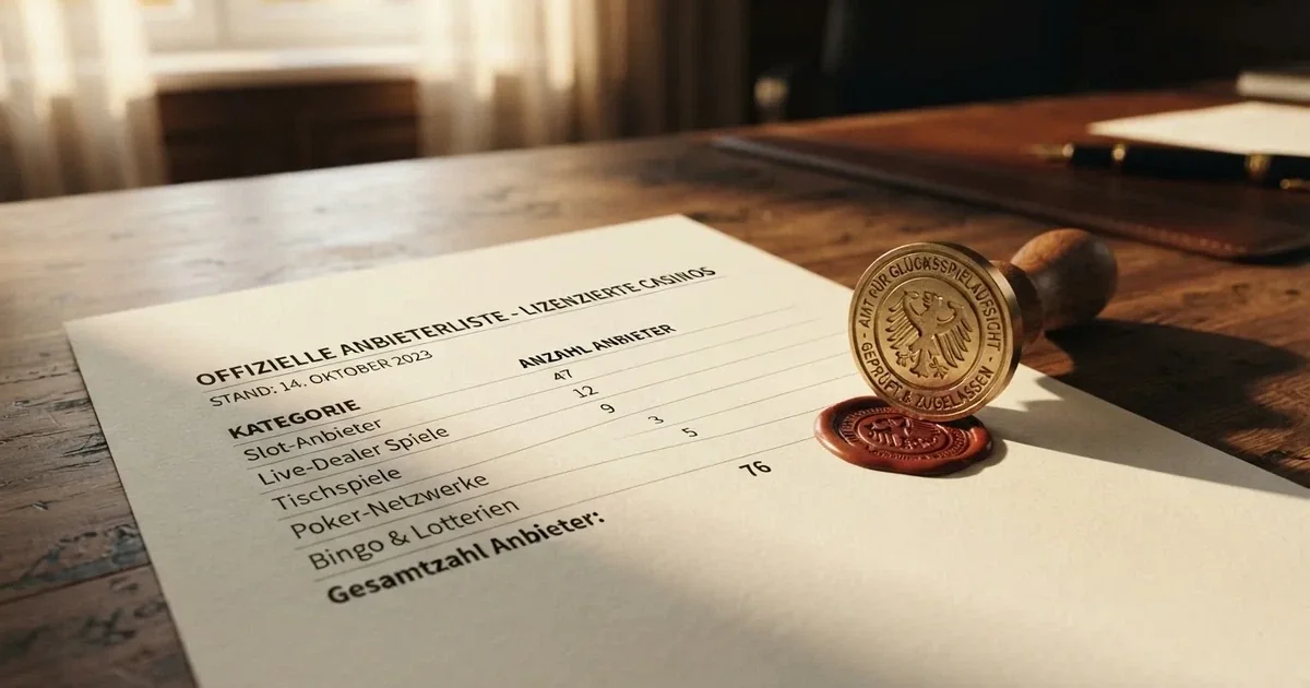 Nahaufnahme einer gedruckten Anbieterliste neben einem amtlichen Prüfsiegel.