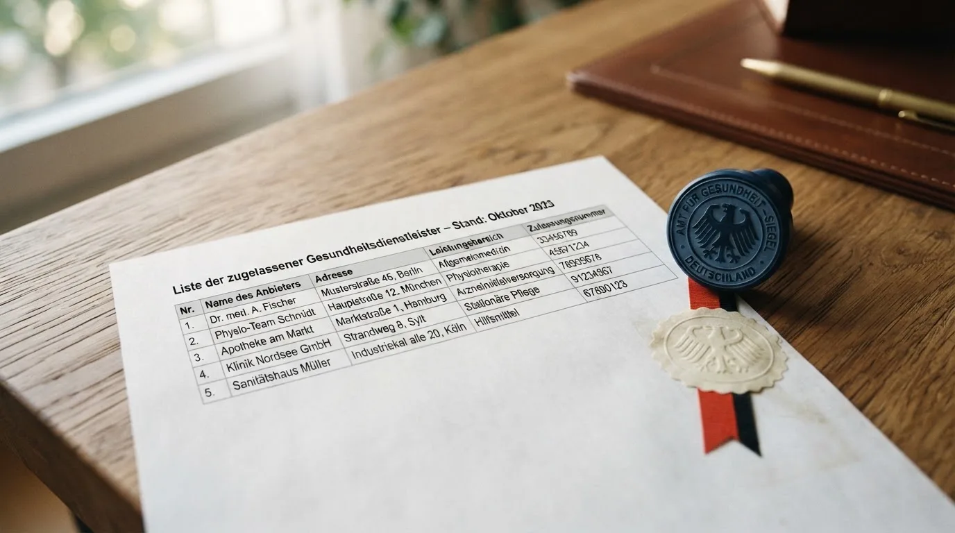 Nahaufnahme einer gedruckten Anbieterliste neben einem amtlichen Prüfsiegel.