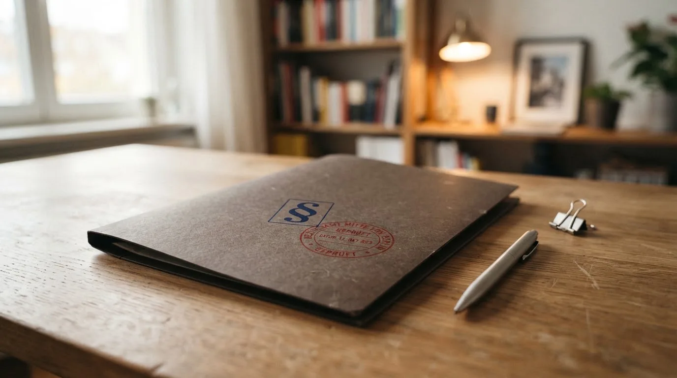 Symbolbild eines Aktenordners mit Paragraphenzeichen und einem Stempel auf einem Schreibtisch.