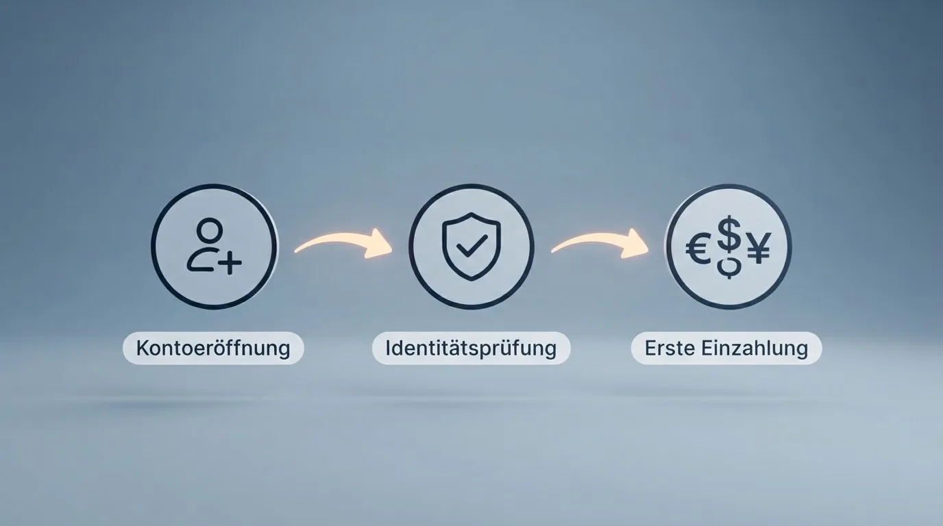 Schematische Darstellung eines Ablaufs von Kontoeröffnung über Identitätsprüfung bis zur ersten Einzahlung als einfaches Liniendiagramm.