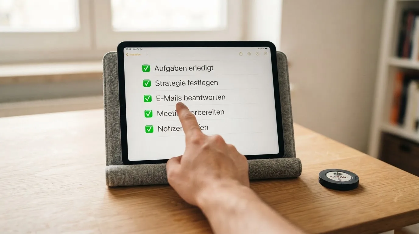 Tablet mit einer digitalen Liste und Häkchen-Symbolen auf einem Schreibtisch.