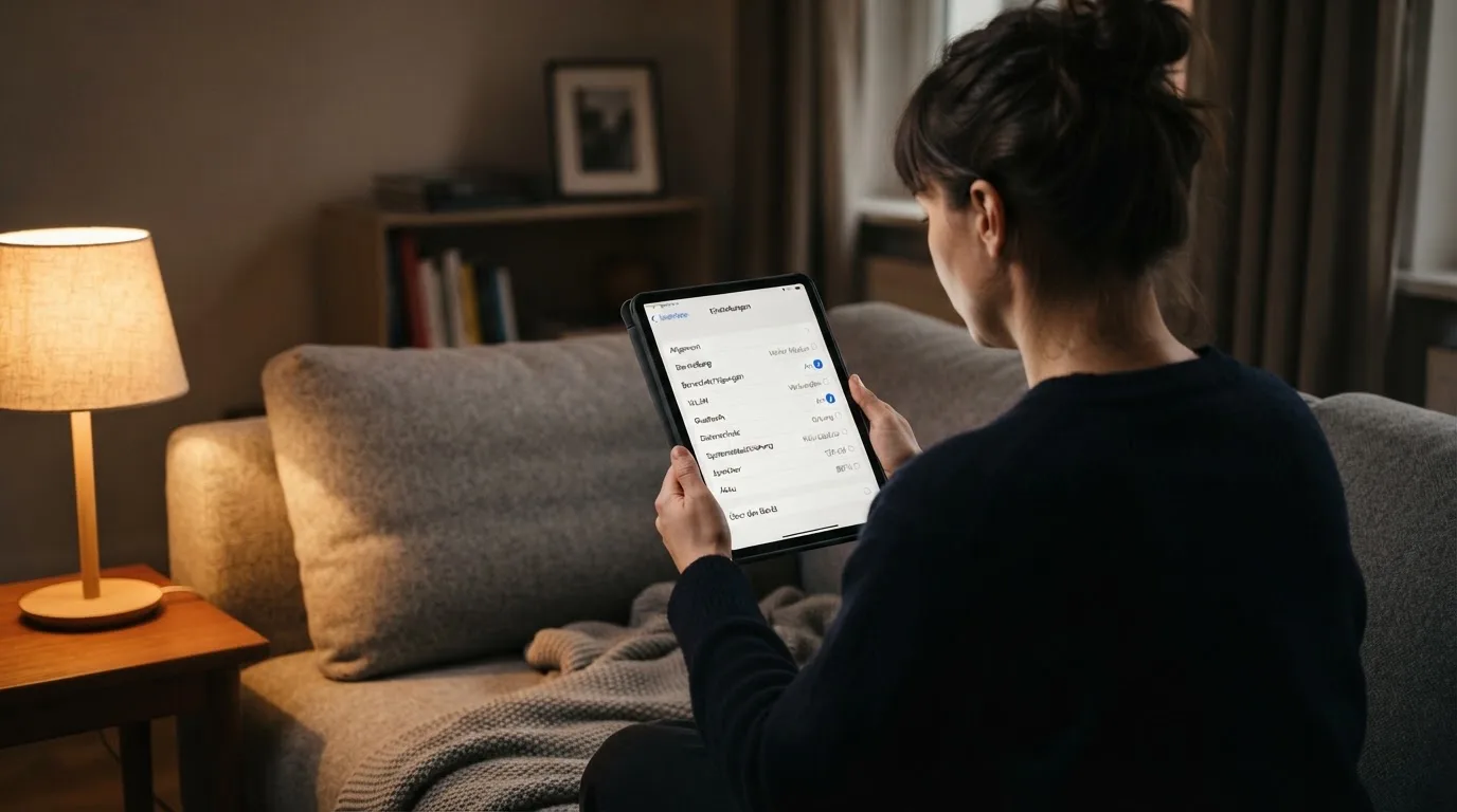 Person betrachtet nachdenklich eine App mit Einstellungsmenü auf einem Tablet in einem ruhigen Wohnzimmer.