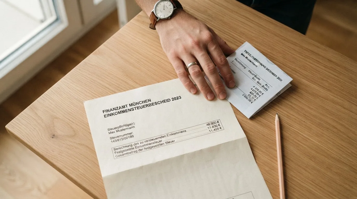 Person legt Gehaltsabrechnungen und einen Steuerbescheid auf einen Schreibtisch.