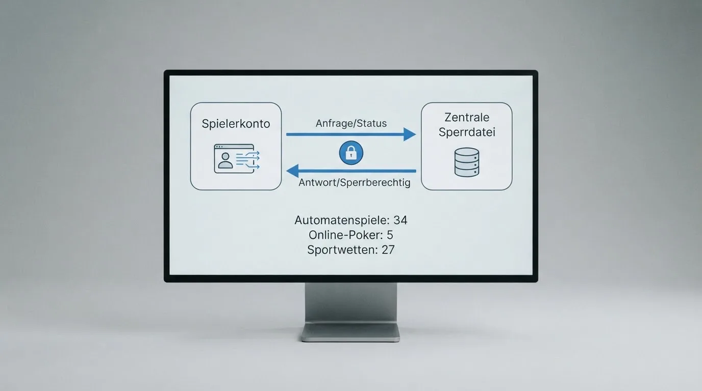 Schema eines Datenabgleichs zwischen einem Spielerkonto und einer zentralen Sperrdatei auf einem Monitor.