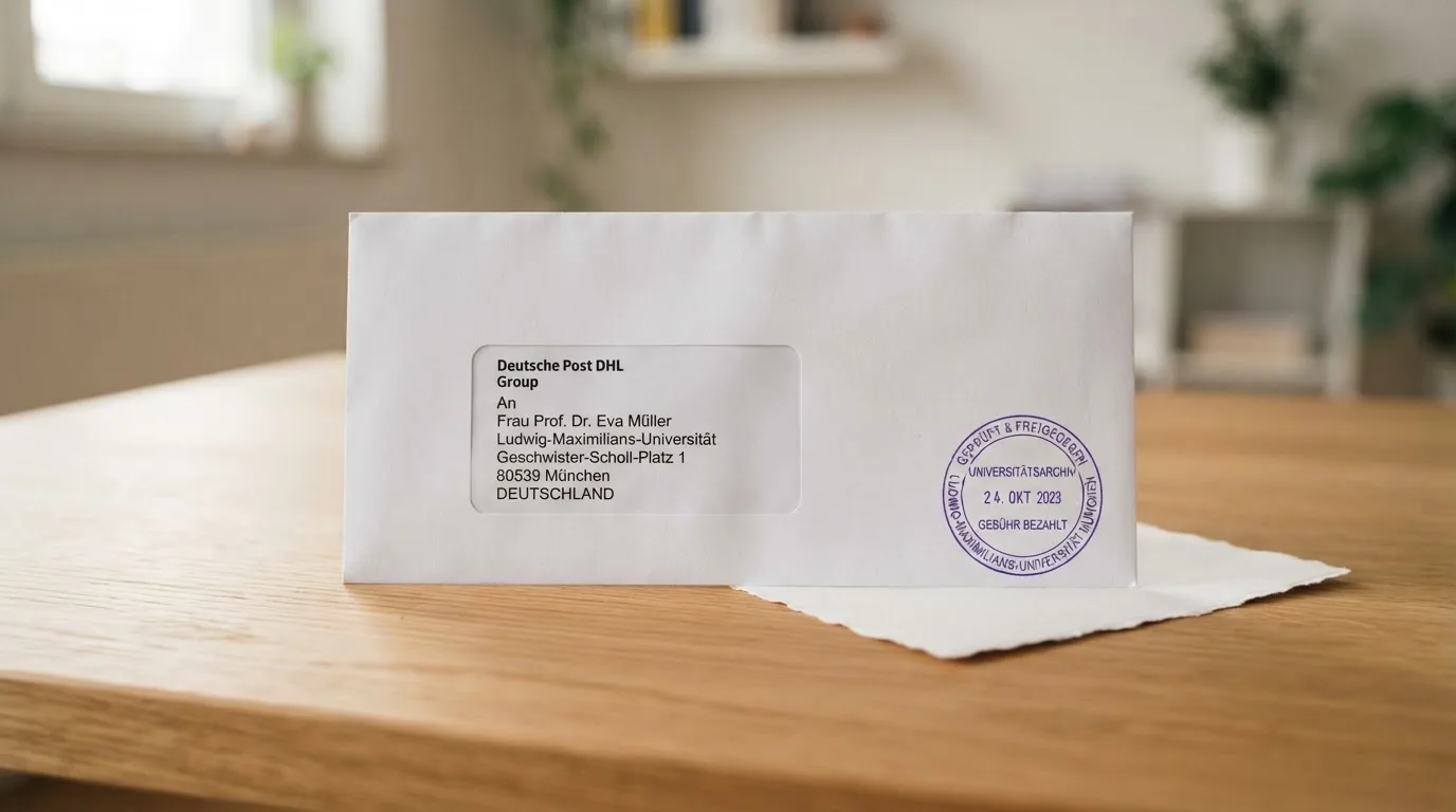 Briefumschlag mit Adressaufkleber auf einem Schreibtisch neben einem Aktenstempel.