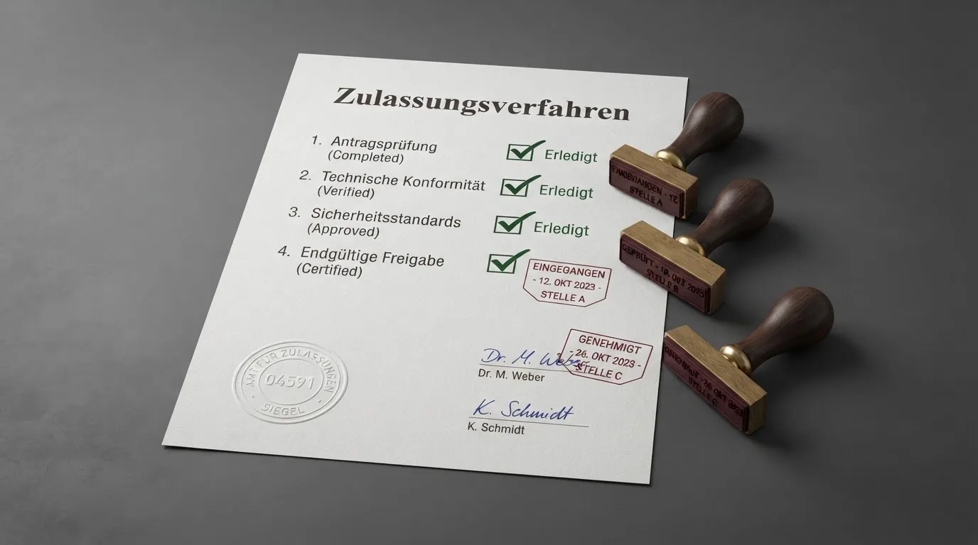 Schematische Darstellung eines Zulassungsprozesses mit mehreren Prüfstationen.