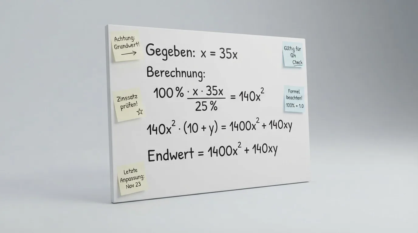 Rechenformel mit Prozentzahlen auf einem Whiteboard, umgeben von Notizzetteln.