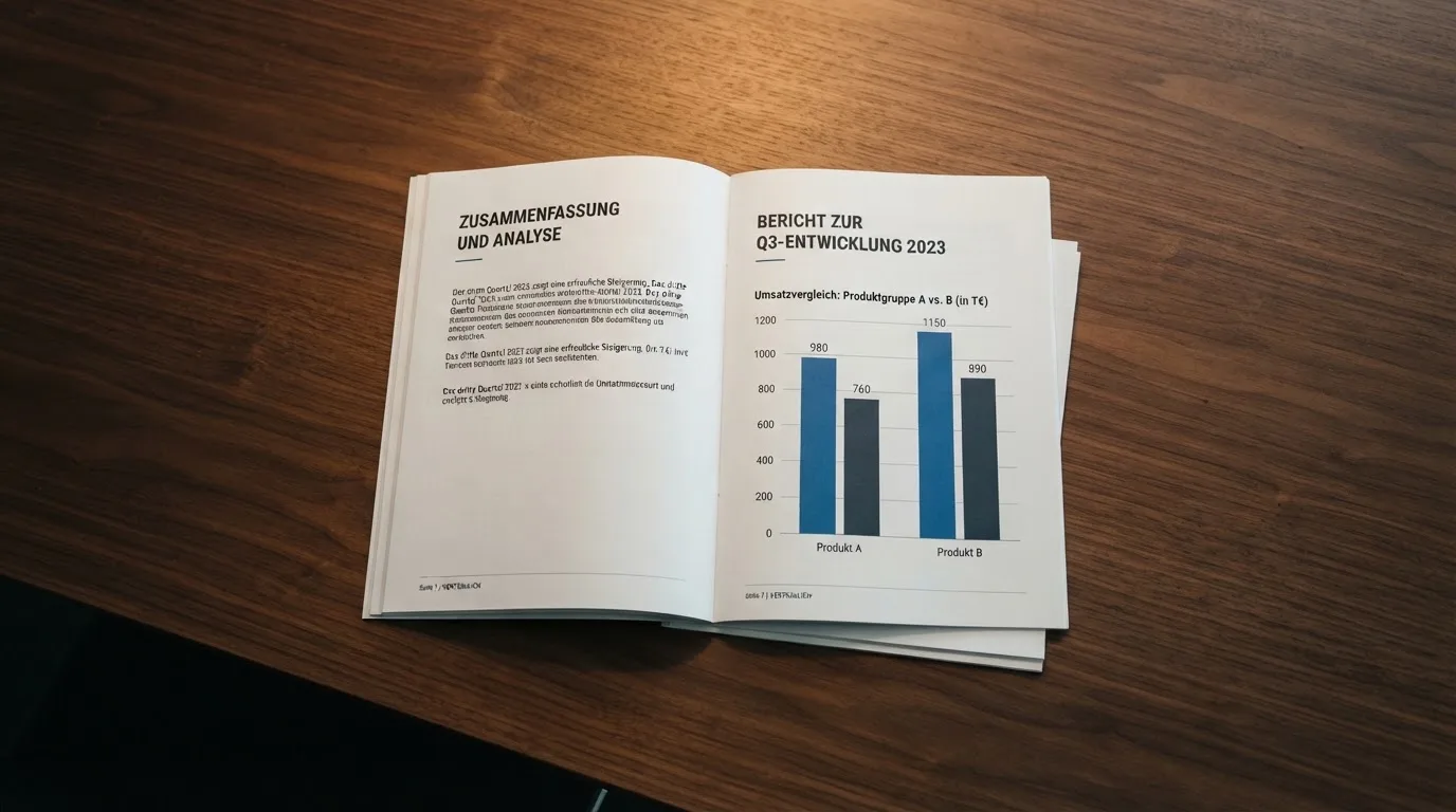 Amtlicher Bericht mit Diagrammen auf einem Konferenztisch.