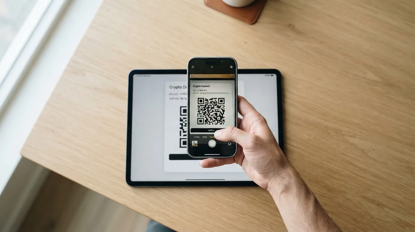 Nahaufnahme einer Hand, die auf einem Tablet einen QR-Code für eine Kryptowährungs-Einzahlung scannt.