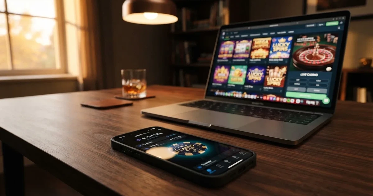 Smartphone-Bildschirm zeigt eine Kryptowährungs-Wallet mit einem BNB-Guthaben neben einem Laptop mit einer Casino-Weboberfläche.