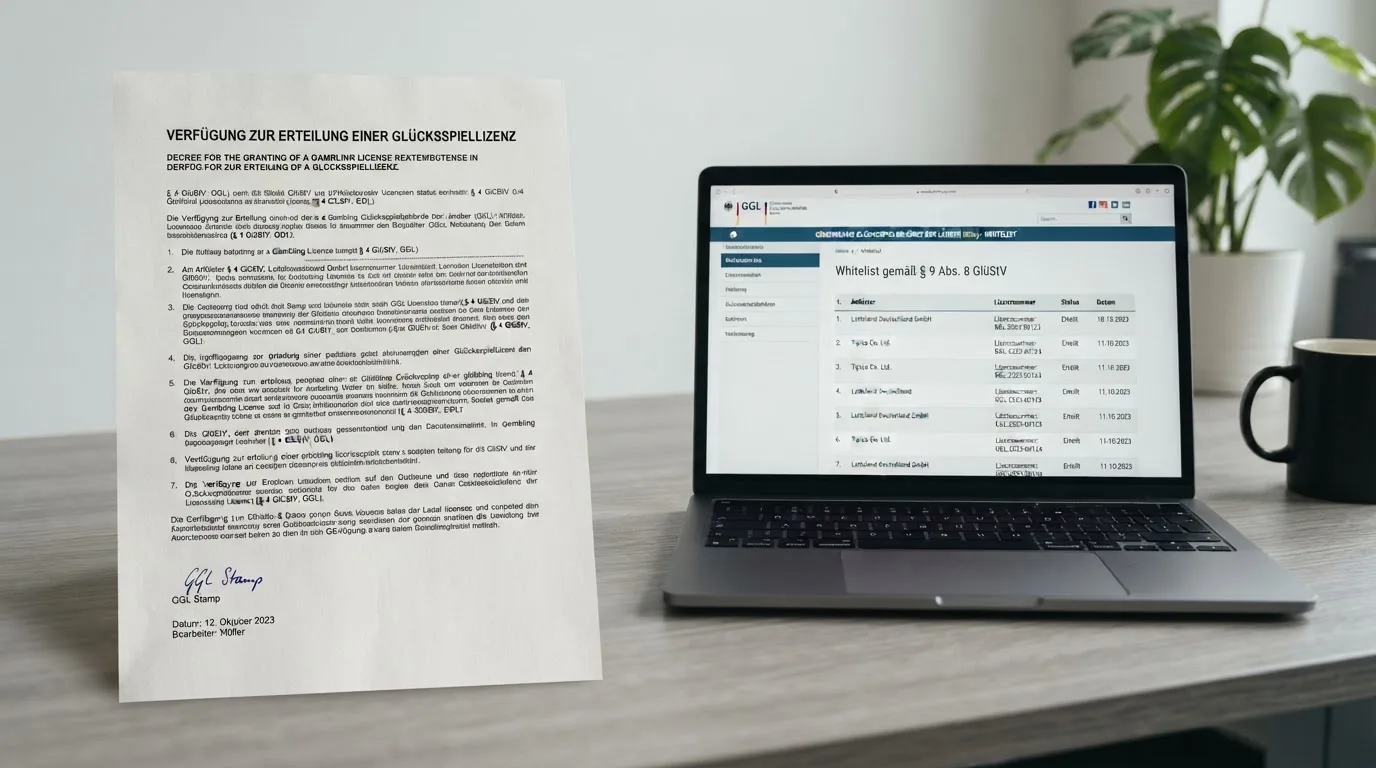 Nahaufnahme eines Gesetzestextes neben einem Laptop mit einer Behördenwebsite auf dem Bildschirm.