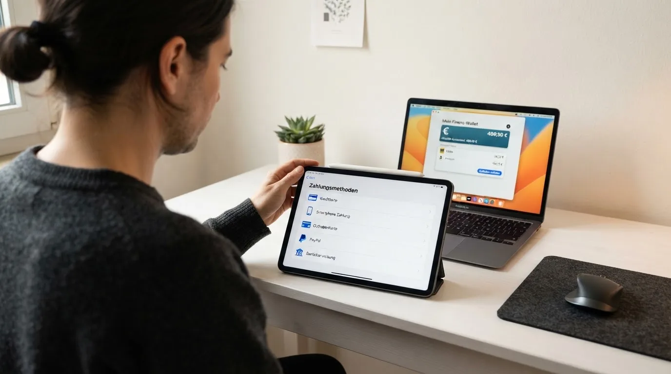 Person zeigt auf einem Tablet eine Liste von Zahlungsmethoden, während im Hintergrund ein Laptop mit einer Wallet-App steht.