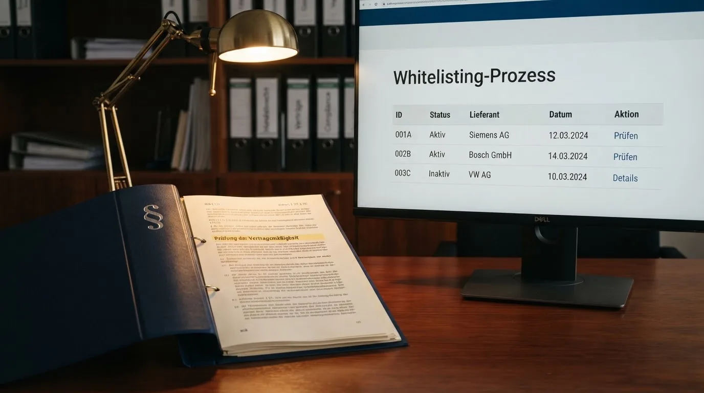 Nahaufnahme eines Aktenordners mit Paragraphenzeichen neben einem Computerbildschirm mit einer Behördenseite.