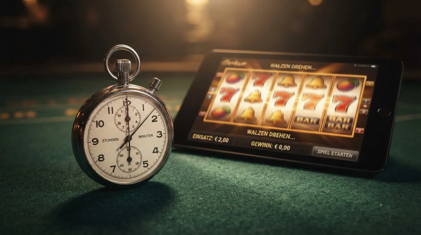Symbolbild einer Stoppuhr neben einem Spielautomaten-Bildschirm, das ein Zeitintervall andeutet.