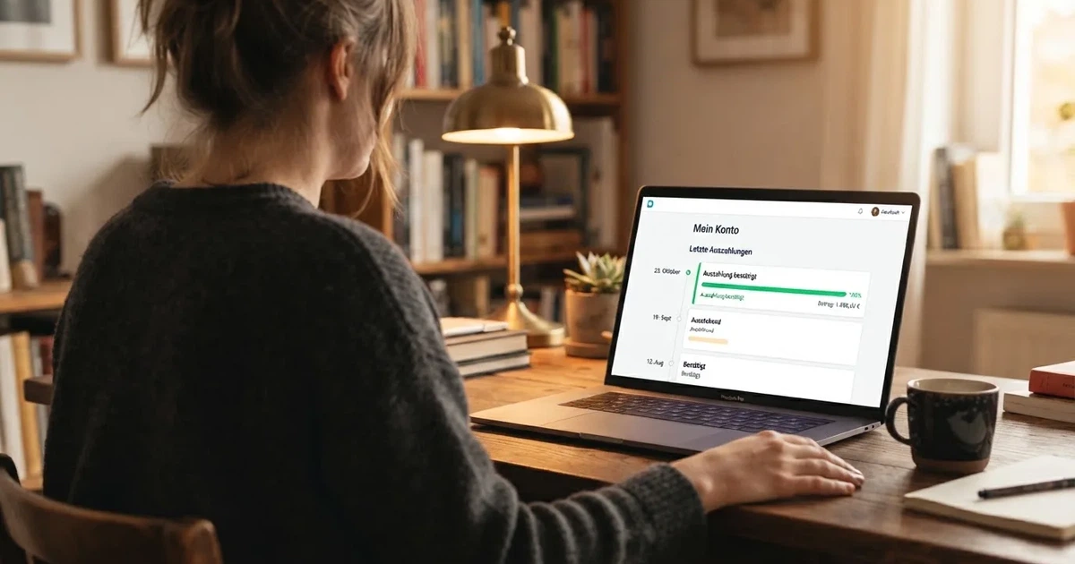 Person prüft am Laptop eine Kontoübersicht mit Auszahlungsstatus und Kalenderdatum.